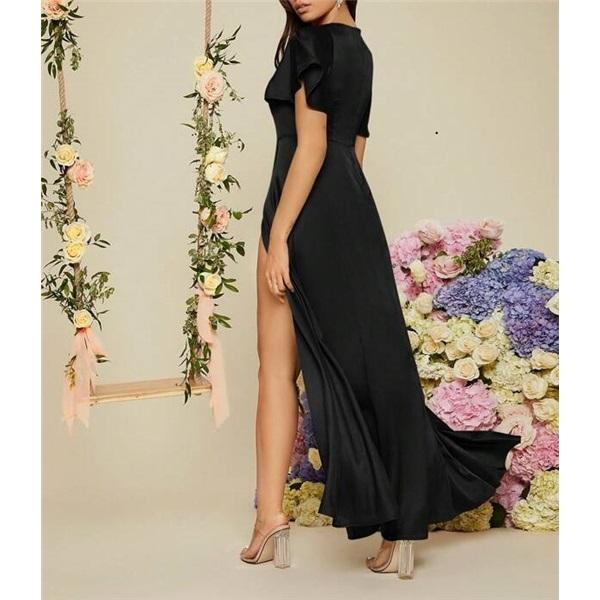 Women's Holiday Dress Solid Color Short-sleeved V-neck Sexy High Waist Slit Long Dress