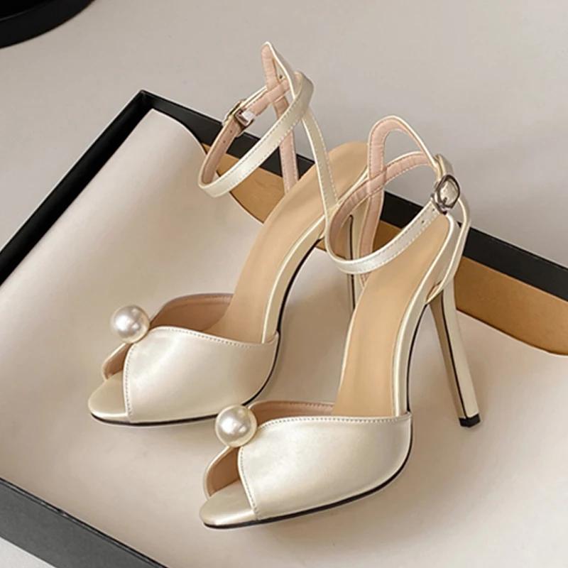 Sandali Gladiator con Tacco Sottile 11CM Peep Toe in Seta Accogliente di Alta Qualità Scarpe di Design con Perle Moda Donna Cinturino alla Caviglia Sandalias