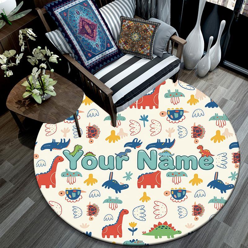 Custom Name,Cute Cartoon Dinosaur pattern round rug,Carpet Rug for Living Room Bedroom Playroom ,Non-slip Floor Mat,Holiday Gifts and Birthday Gifts.