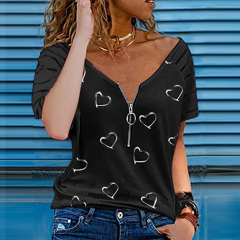Women's T-shirt Casual Zippers Short Sleeve V Neck Loose T-shirt
