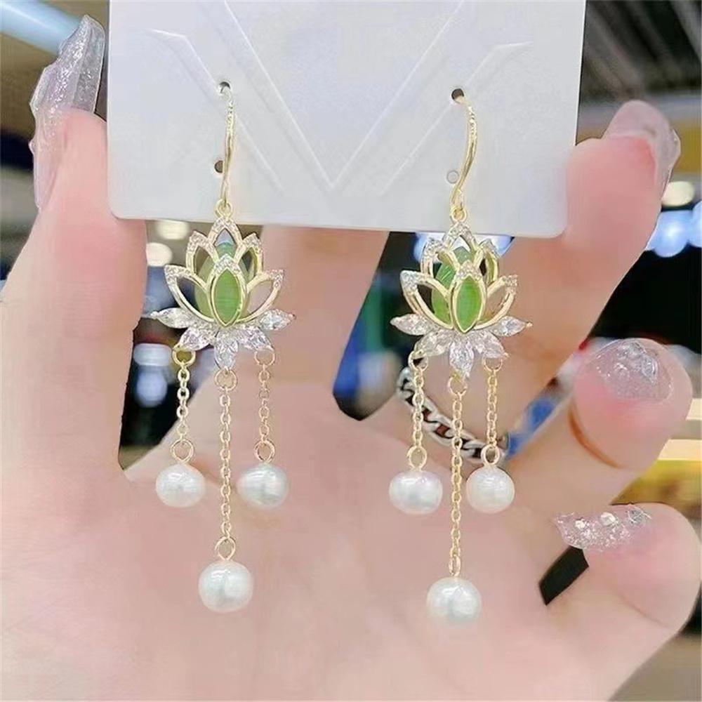 Charm Female White Pearl Green Stone Drop Dangle Earrings Cute Gold Color Party Jewelry For Women
