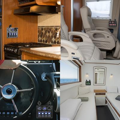 LED Kippschalter Panel 4-fach Aluminium Panel Digitales Voltmeter DC 12V/24V für Auto Wohnmobil Camper Wohnwagen Innenausstattung Dualer USB-Anschluss