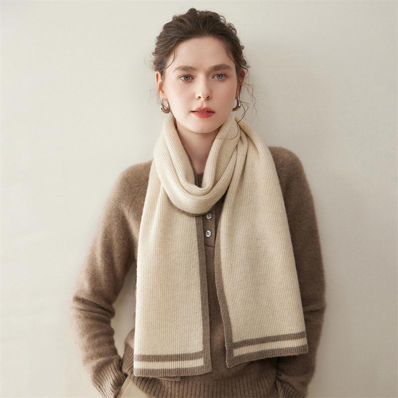 Women s 100% Pure Cashmere Scarf: Autumn/Winter, Versatile, Fashionable Color Block Warm Knit Neck Gaiter Cyan Fleece
