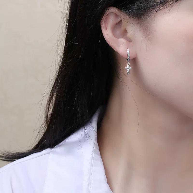 Qiaolanxuan Silver-Plated European and American Cross Earrings for Women, Simple and Elegant, Fully Encrusted with Zirconia, Hoop Earrings, Sales