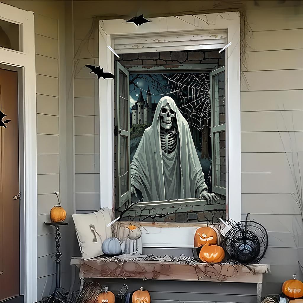 Party banner, 1 piece, made of polyester, Halloween horror-themed window decoration, with a white robe frame design
