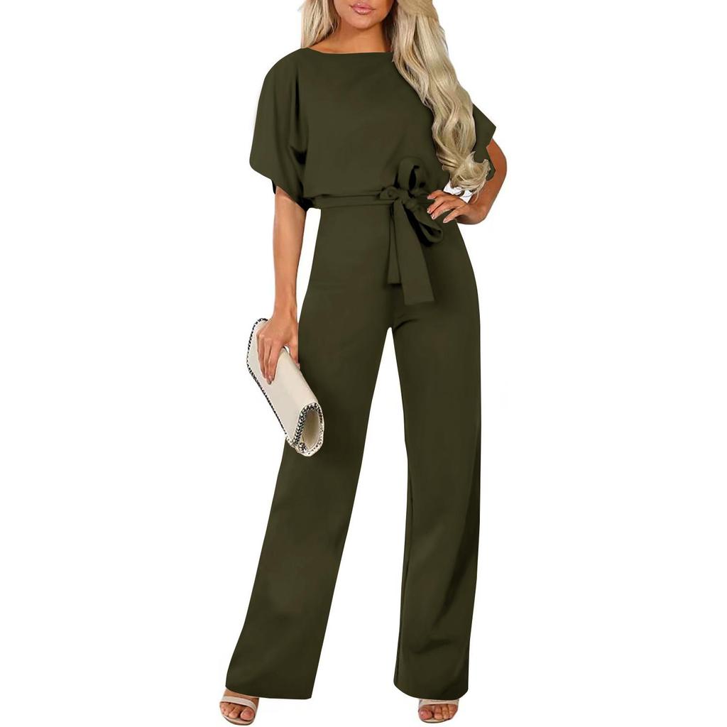 Solid Color Short-Sleeve Tie-Sleeve Romper Jumpsuit
