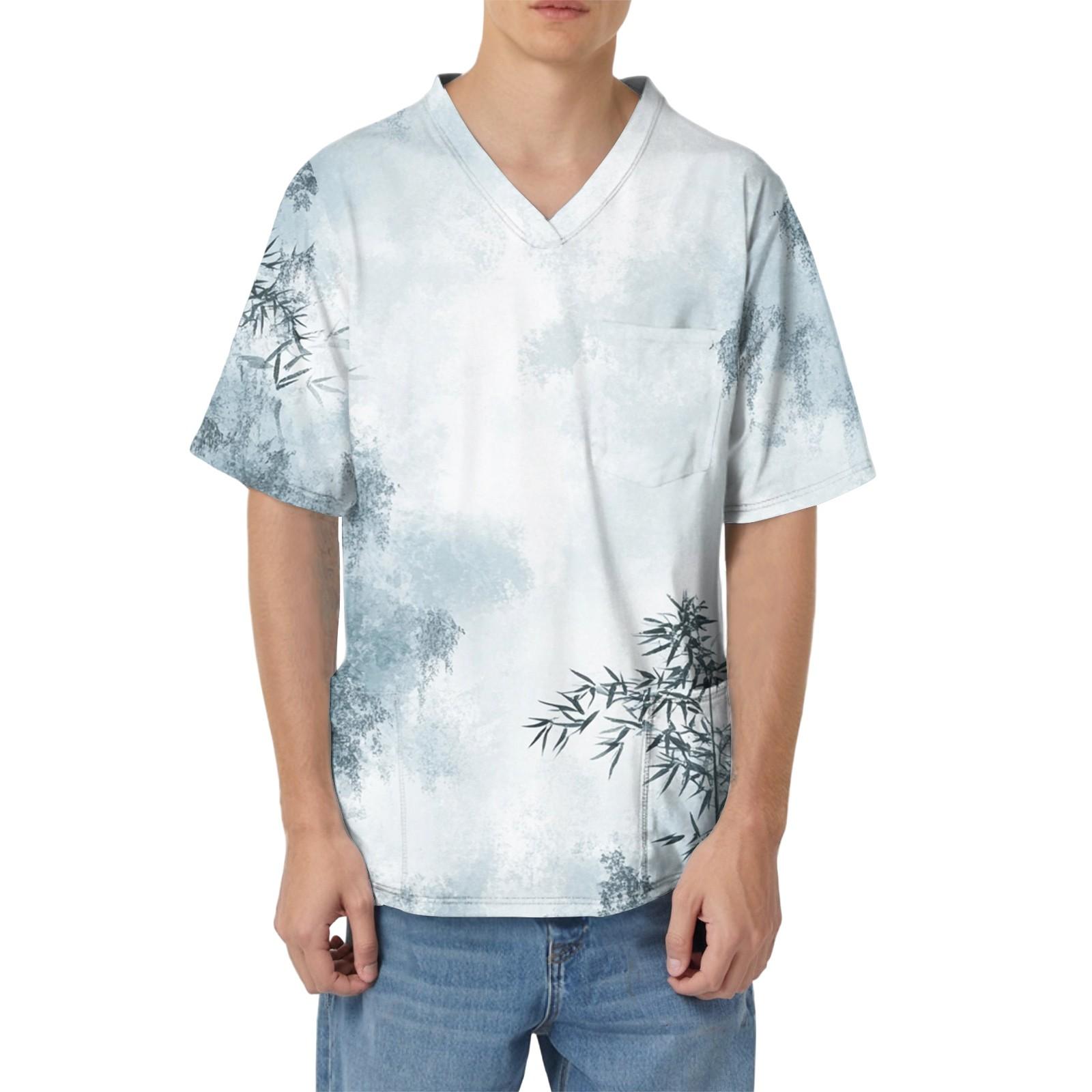 

Мужская рабочая блузка с короткими рукавами и v-образным вырезом с принтом, топ с нагрудным карманом XL белый