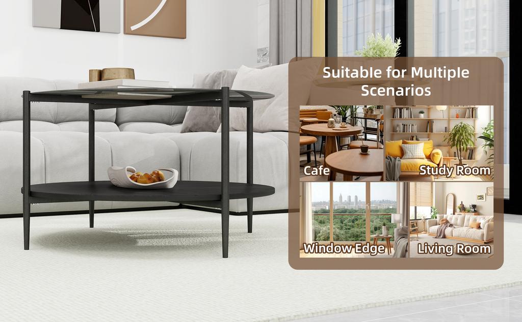 Moderner minimalistischer Wohnzimmer-Couchtisch, mit einer runden schwarzen Glasplatte, kombiniert mit einer schwarzen Holzunterschicht, schön und praktisch.