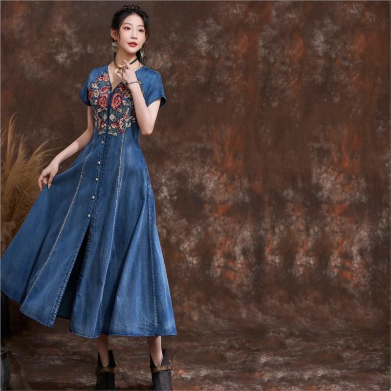 Johnature Chinese Style Casual Embroidery Vintage Cowboy Dress Summer Women Solid Color Niche Design Dresses