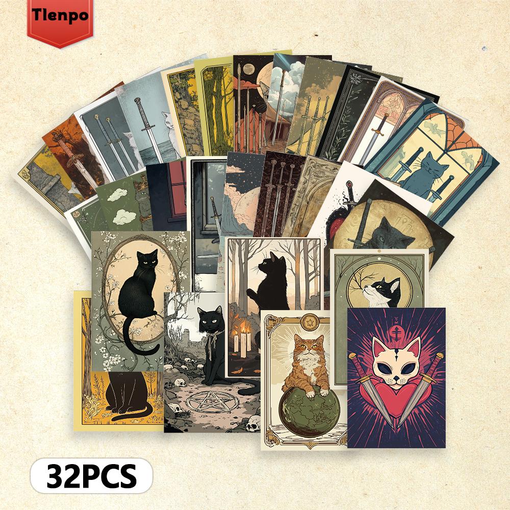 32pcs, vintage cat animal postcards, wall stickers, mailing cards, greeting cards, DIY postcards, souvenir postcards, decoration