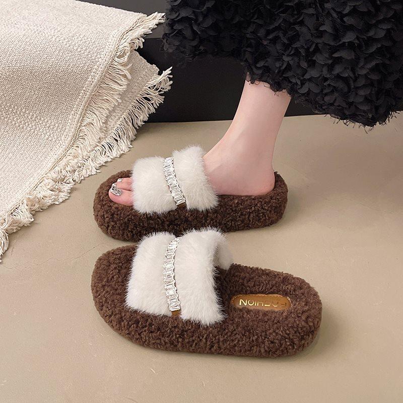2025 warm and bright new drill fluffy slippers women's fluffy cotton mop autumn and winter wear fluffy shoes thick soles go out