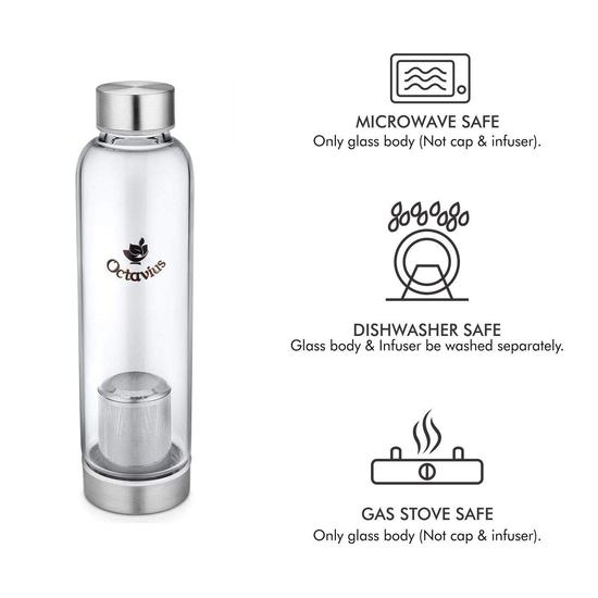 Octavius | Borosilicate Glass Bottle | Green Tea Bottle with Infuser - 520 Ml | Glass Infuser Water Bottle | Tea Filter Strainer (520 ML)