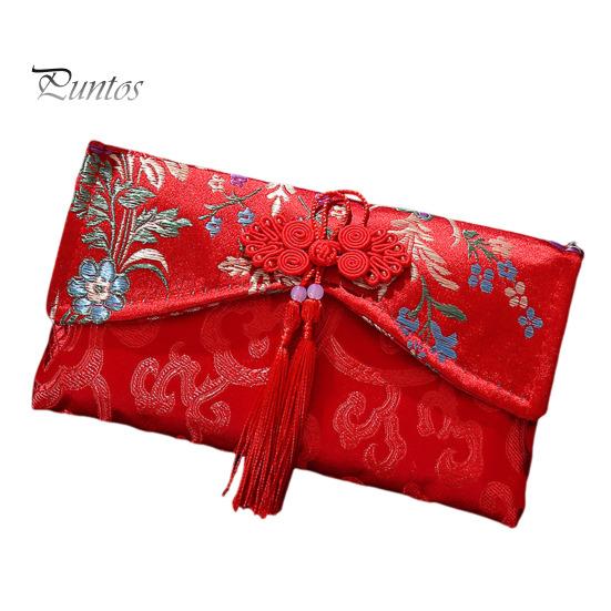 Chinese Red Envelope Embroidered Satin Cash Envelope Lucky Money Envelope Pocket for Wedding Spring Festival Banknotes Gift