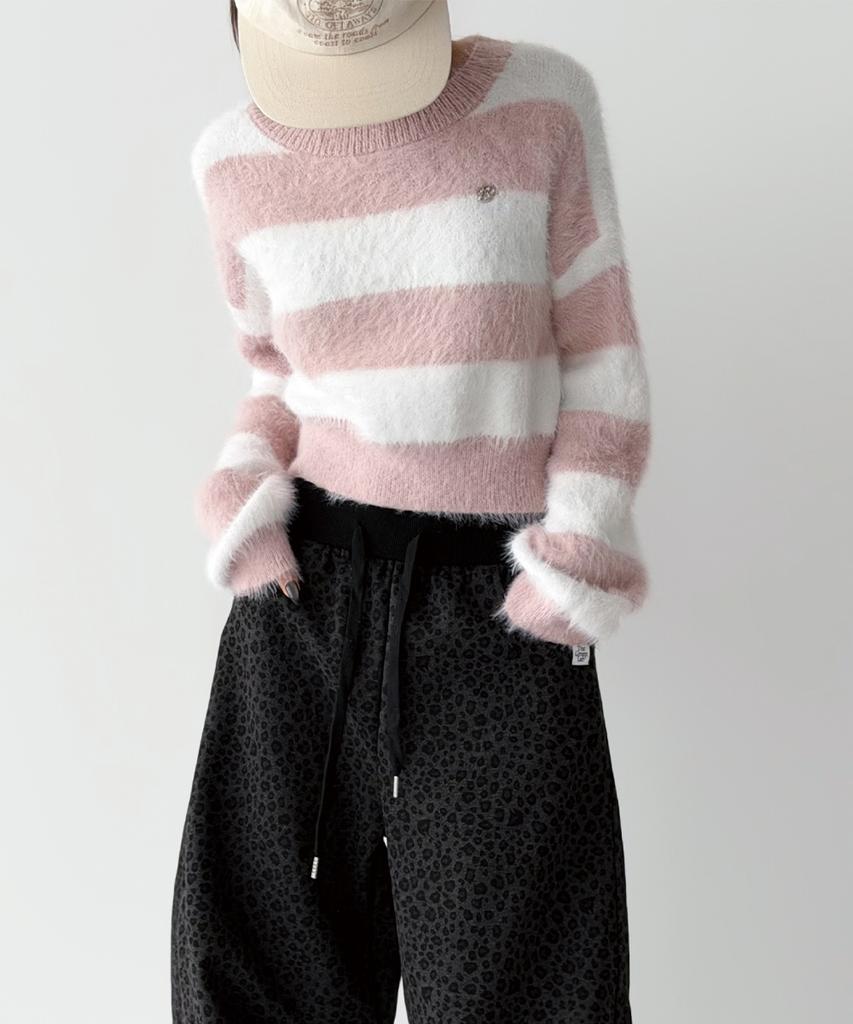 THE GREEN LAB Hairy Block Stripe Crop Knit [Pink]