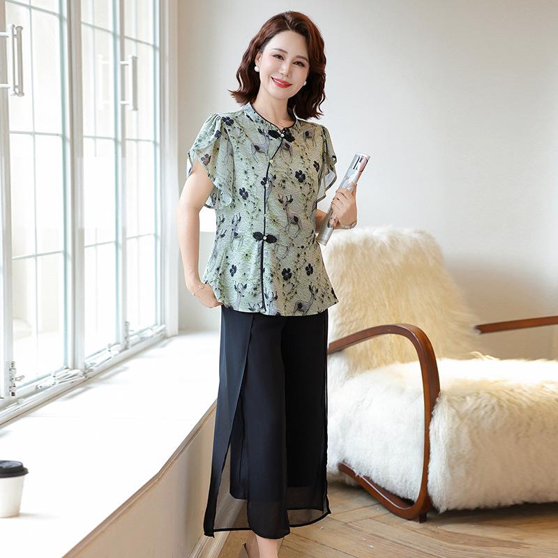 

Elegant Summer Dress Set: Stylish Two-Piece with Short-Sleeved Shirt for Mid-Aged Women, New Chinese Style 4XL (Recommended 130-145 Jin)