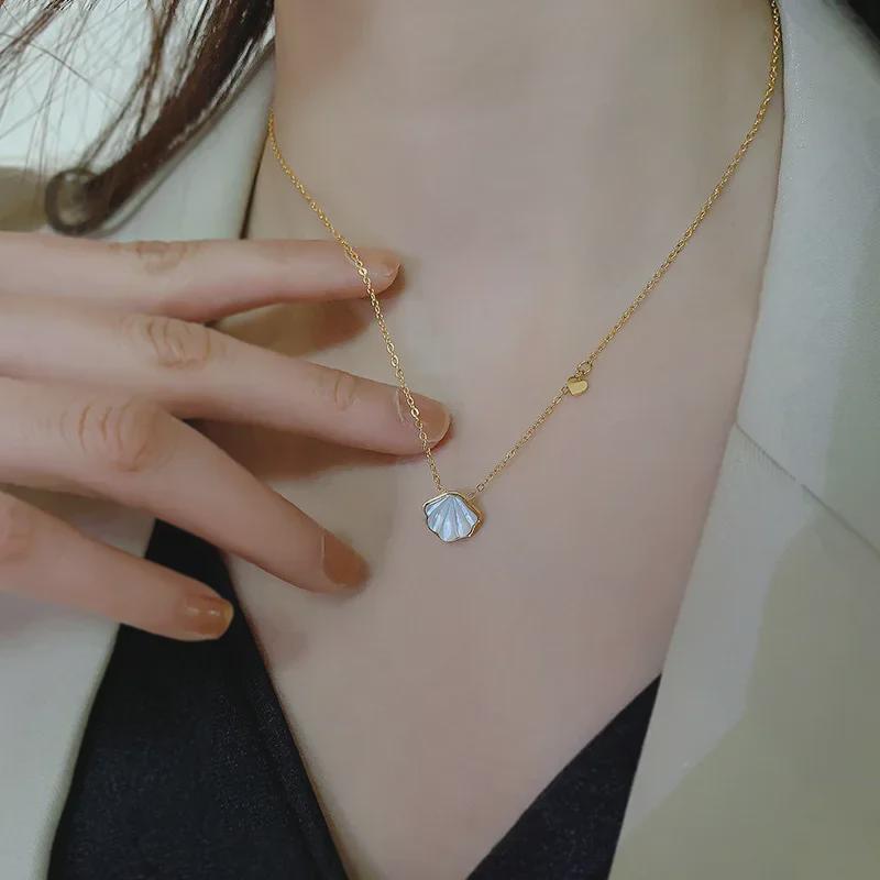 Elegant White Shell Heart Necklace - Premium Titanium Steel for Women