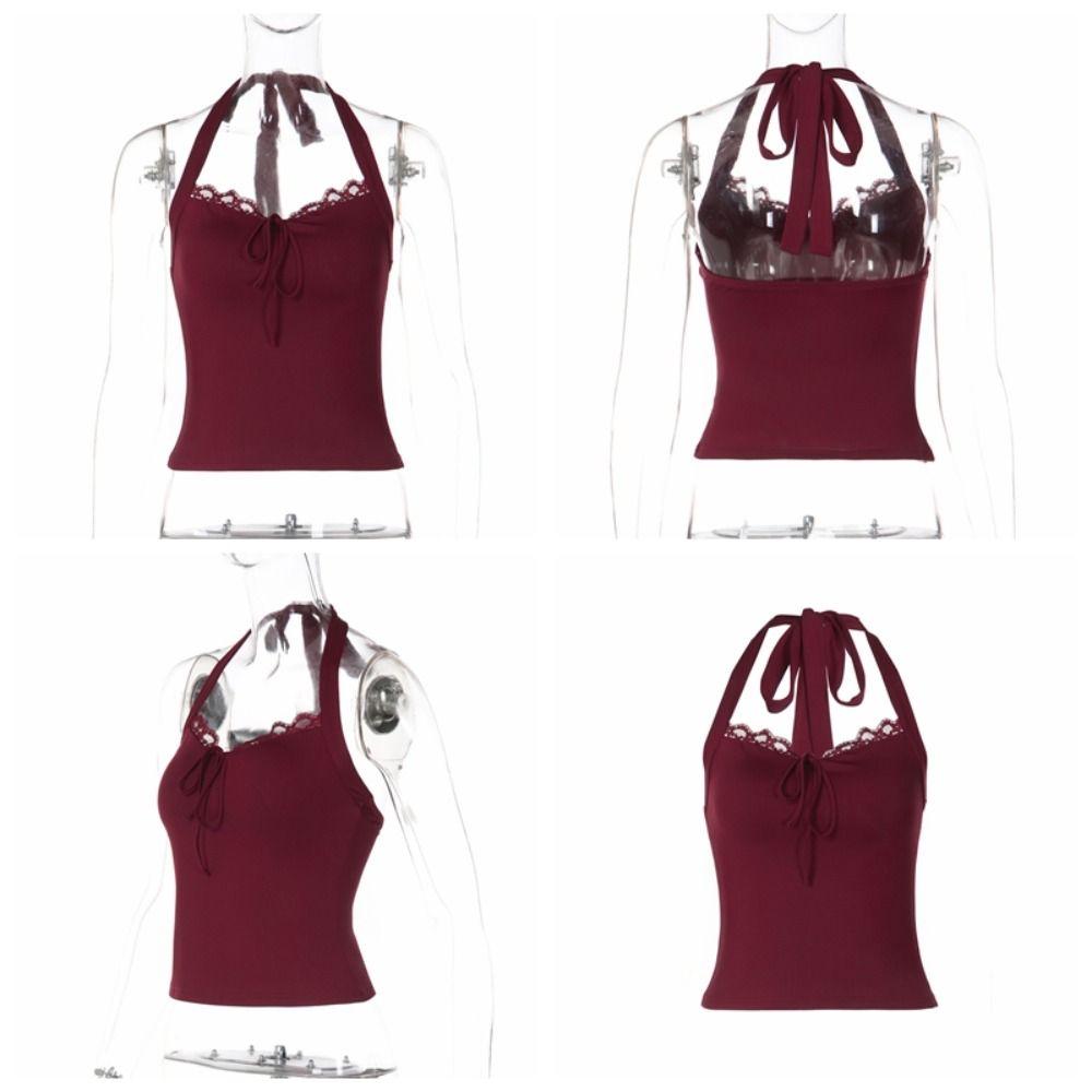 V Neck Slim Crop Tops Lace Lace-up Camisole Chic Halter Bottoming T-shirt  Spicy Girl