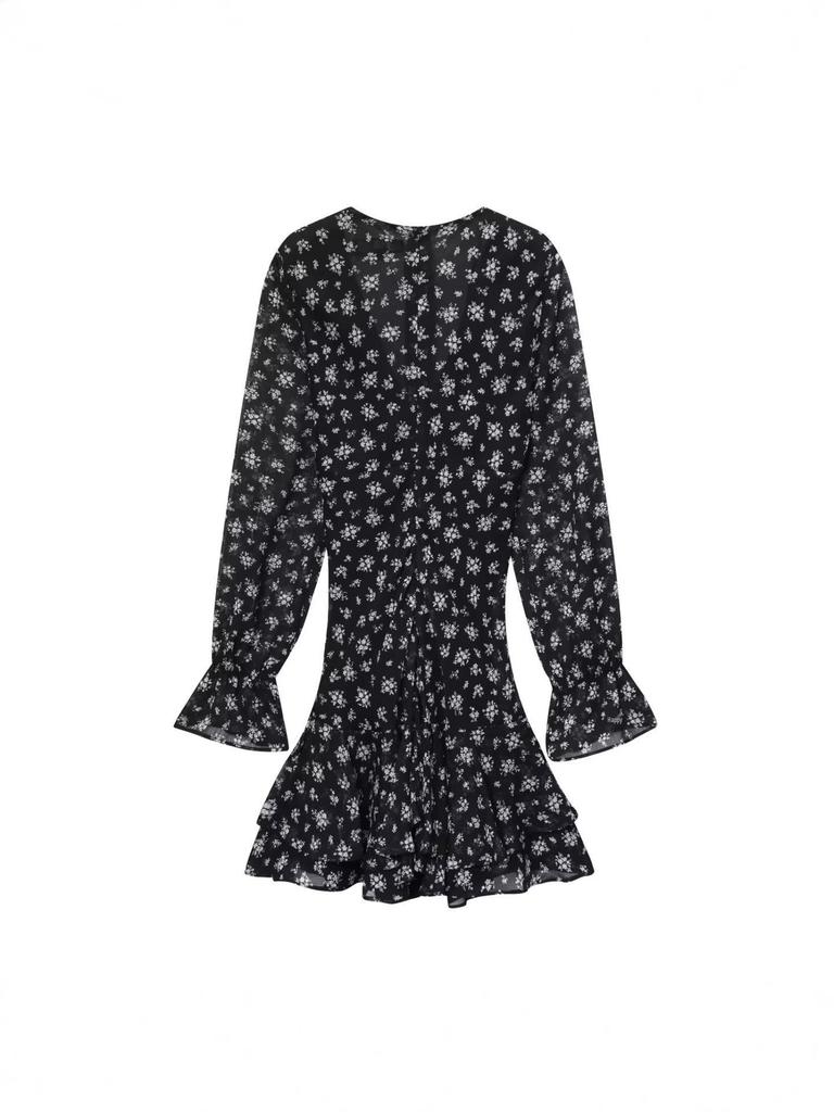 2025 Autumn/Winter European Women's Waist-Cinching Printed Long-Sleeve Dress