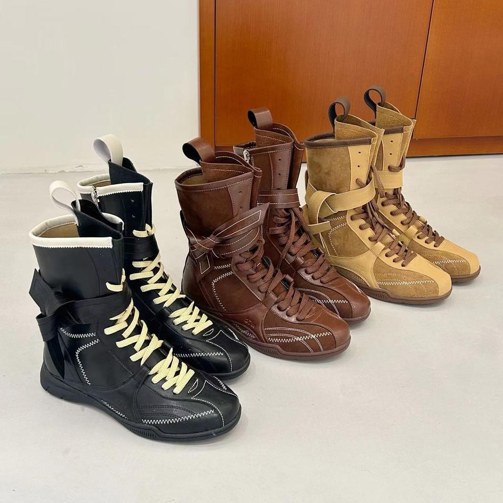 Spring Vintage Platform Brown High-heeled Women's Boxing Boots, Matte Leather Round Toe Lace-up Sports Boots, Short Boots