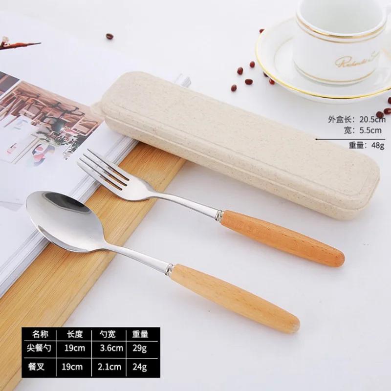 Wooden handle stainless steel tableware three-piece set Chopsticks fork spoon Students outdoor travel gift tableware set
