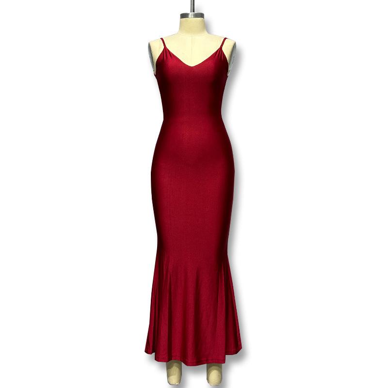 Women's Red Deep V Backless Halter Fishtail Dresses