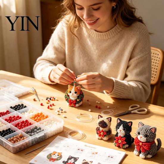 Kleberloses Perlen-Set 3D Perlen-DIY-Set, Lebensechtes Weihnachtstier-Bastelset, Perlenkatze Handgemachtes Einfaches Stickset für Kinder und Erwachsene Festlicher Feiertag
