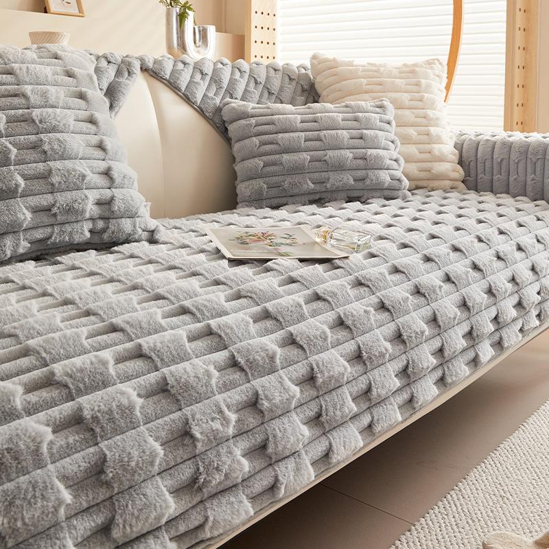 Rabbit Plush Sofa Cushion Winter Thickened Anti Slip Seat Cushion Simple Modern Solid Color Sofa Cover