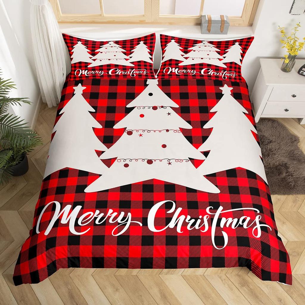 Merry Christmas Duvet Cover Set,Red Buffalo Checked Rustic Truck Comforter Cover,Plaid Xmas Tree Elk Deer Snowflake Bedding Sets