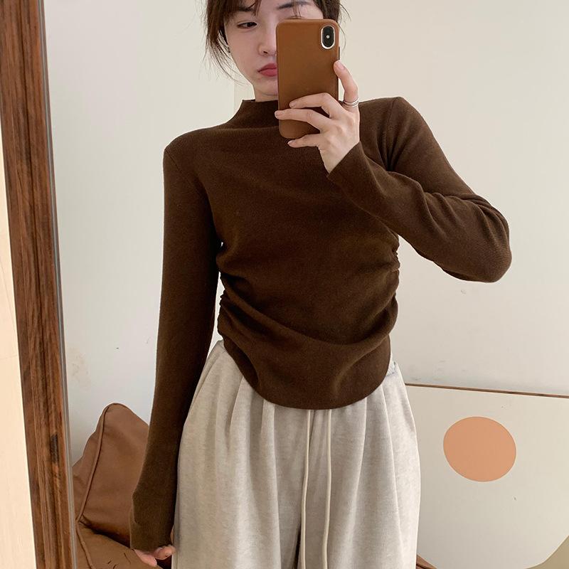 

High-end mid-neck knitted sweater women s spring irregular pleated bottoming shirt semi-turtleneck long-sleeved top L