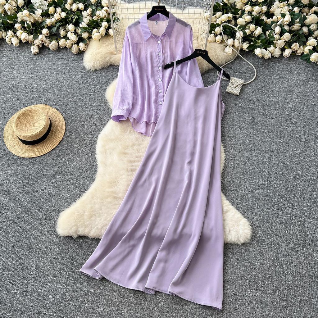 Temperamentsfullt todelt sett for kvinner, nisje lat yttertøy med tynn, løstsittende langermet solskjortejakke + selerkjole