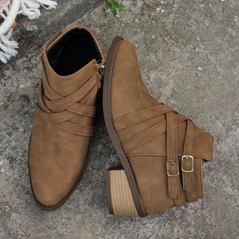 Spitze kurze Stiefel Herbst Neu Große Größe Kreuzriemen Seitenreißverschluss Niedriger Absatz Chelsea Boots