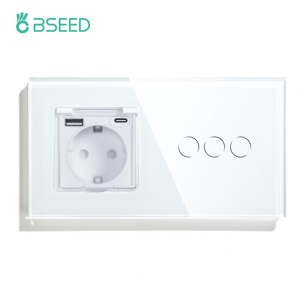 BSEED  1/2/3Gang Touch Light Switch 1Way EU Type-c USB Sockets With Waterproof Cover For Bathroom Outdoor Glass Panel White
