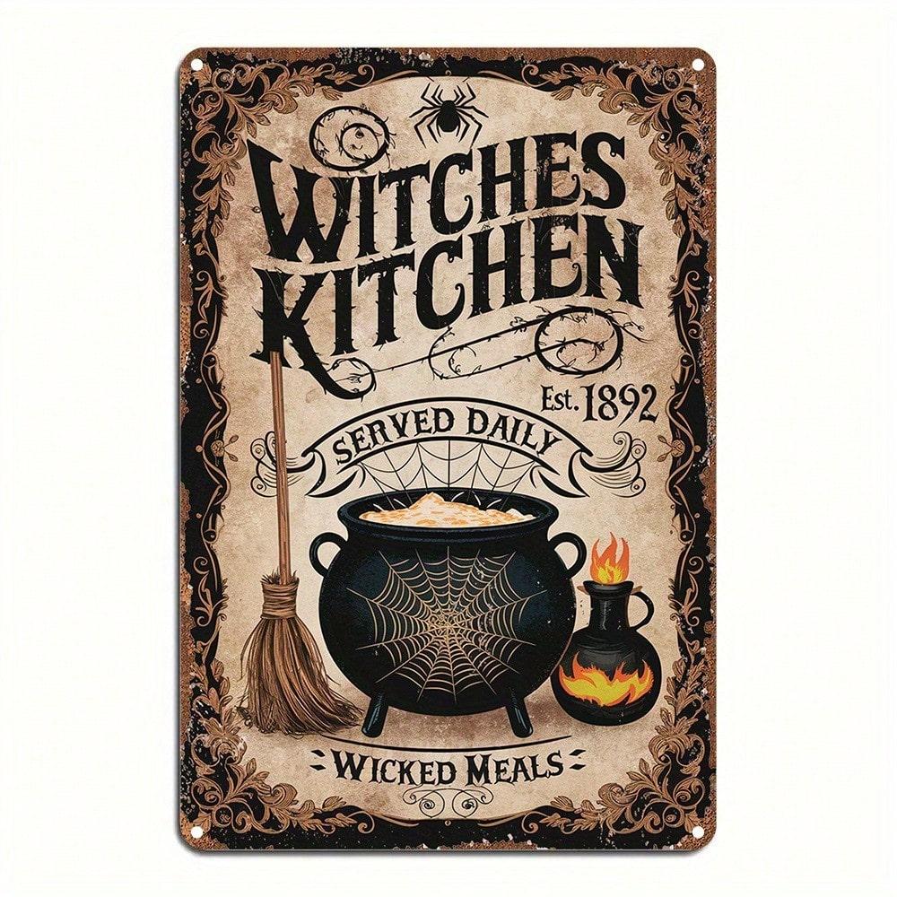 

Vintage Metal Tin Sign Witches Kitchen Wall Art 8x12 Inch Rustic Cauldron Broom Waterproof Aluminum 20x30cm