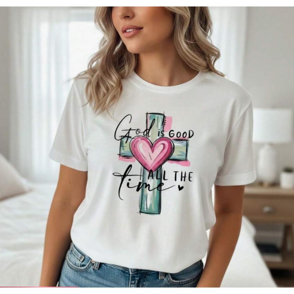 T-shirt Grafica Cristiana da Donna Dio È Buono Sempre Croce Manica Corta Maglietta Casual Vestibilità Larga Top Ispirato alla Fede.