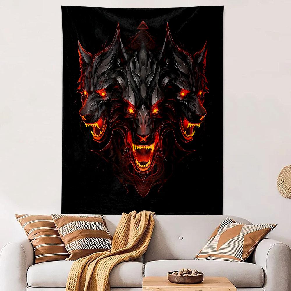 "Fiery Three-Headed Wolf Design" Patterned Tapestry Decorative Wall Hanging, Home Bedroom Living Room Decor