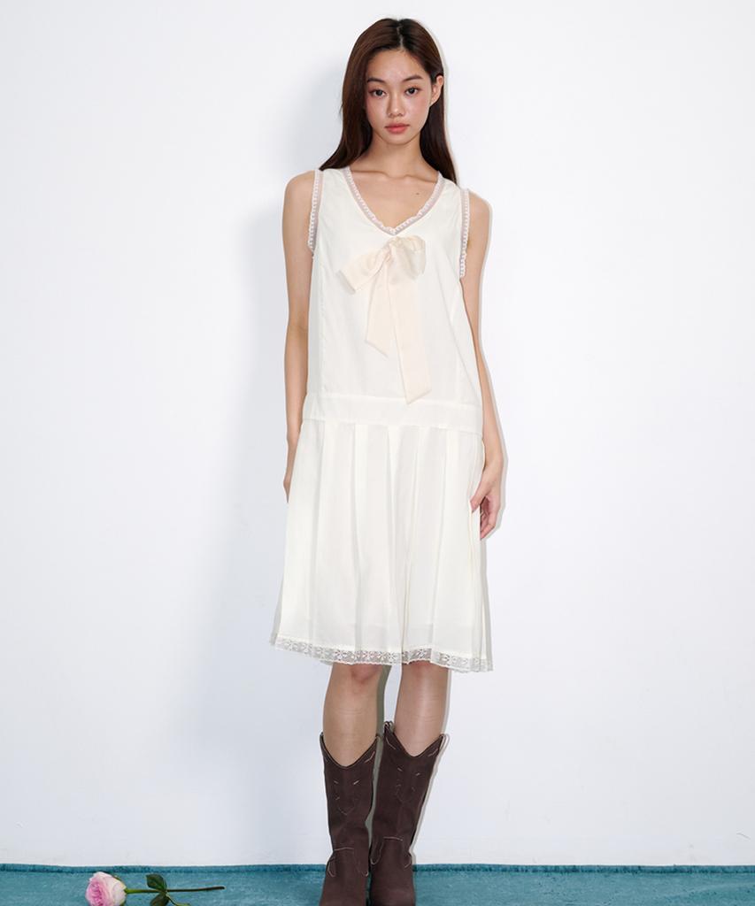 Opening Sunshine Sheer Tie Pleated Midi Dress Cream
