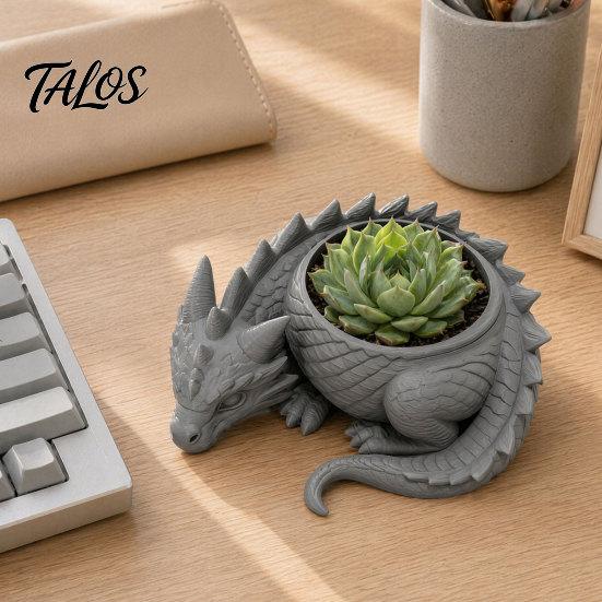 Talos 3D Printed Lying Dragon Flowerpot for Small Green Plants, Decorative Succulents Pot Ornament, Dark Style Figurine Home Office Desktop