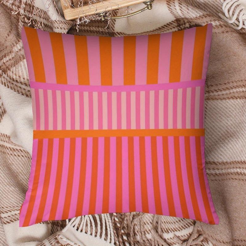 1Pc Pink Orange Striped Pillow Cover, Polyester 2D Double Sided Print Cushion Case, Retro Geometric Color Block Throw Pillowcase
