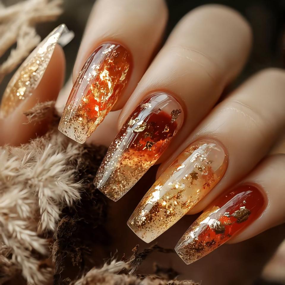 24 Pcs Medium Length Ballet Press On Nails Brown Floral Design Full Cover Detachable Fake Nails Manicure Set