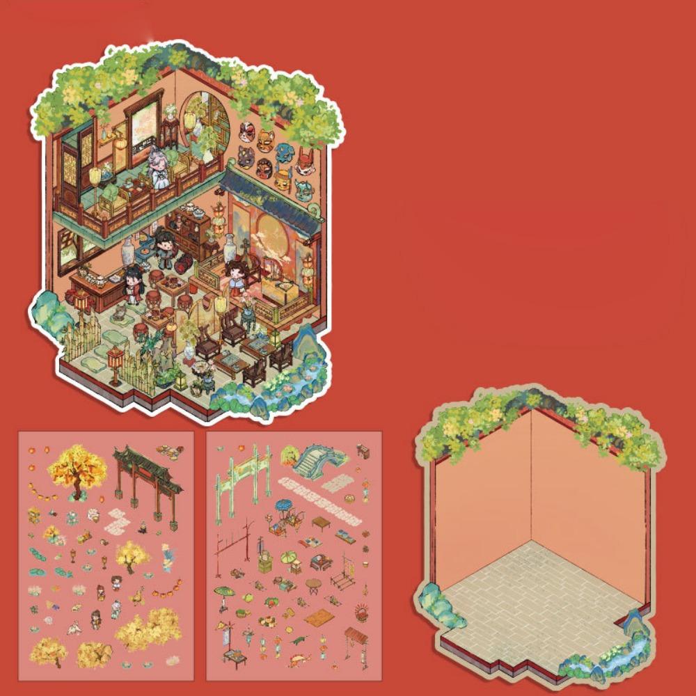 

Китайские ретро 3D наклейки с многослойным пейзажем, мультяшные наклейки для ландшафтного дизайна, родитель-ребенок 4