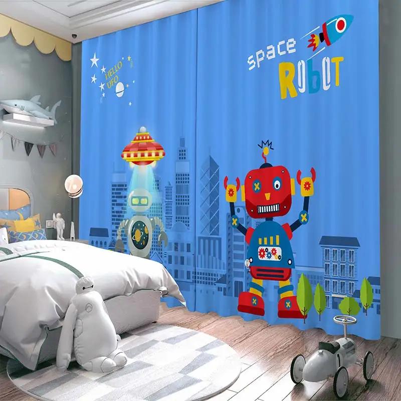 New Cartoon Earth Planet Space Astronaut Rocket Print High Shading Curtain Children's Room Living Room Window Curtain 2Pcs Home