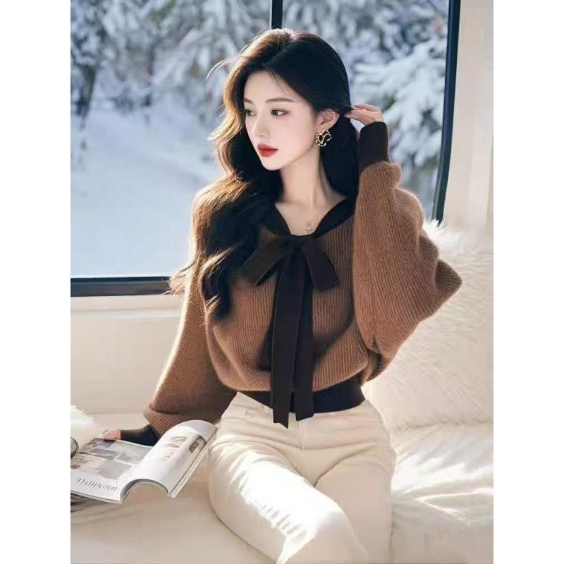 Women's Red Velvet Bow Tie High-End Pullover Sweater for Autumn/Winter 2025
