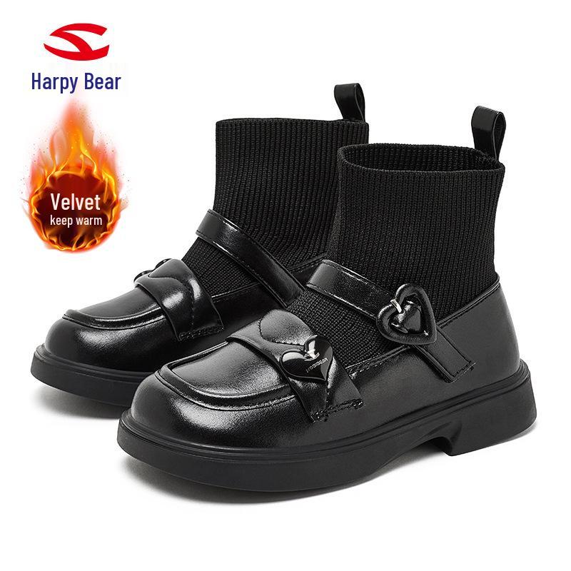 HOBIBEAR Velvet-Lined Winter Sock Boots: Two-Layer Cotton Girls  Leather Shoes in College Style 34