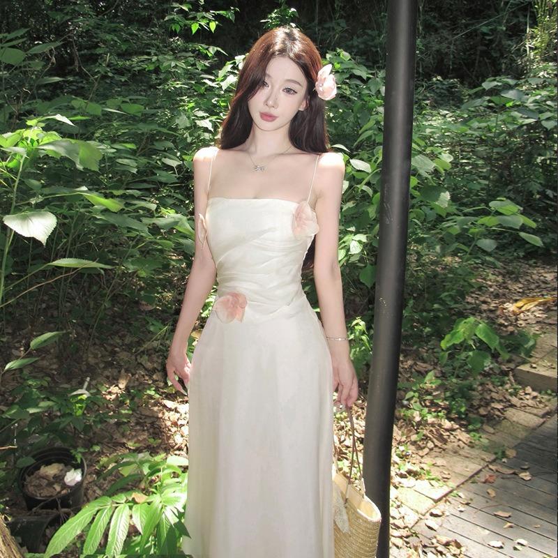 Travel Wear Design Blue Flower Waist Suspender Dress Women's Summer Seaside Vacation Beach Dress