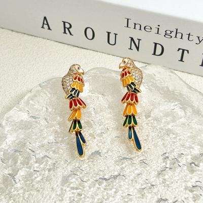 Electroplated Color Parrot Earrings Long Tassel Micro-Inlaid Zircon Earrings Medieval Vintage Stud Earrings Female