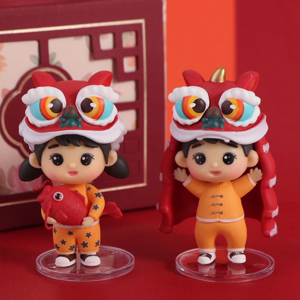 Chlapec a dívka Lion Dance Boy Socha Čínský styl Lion Dance Ornamenty Jarní festival