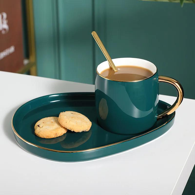 Set de ceașcă ceramică, set de farfurii, ceașcă de cafea verde Nordic, tavă dreptunghiulară, lingură mică, cutie cadou, casă, bar, decorare, ceașcă de ceai