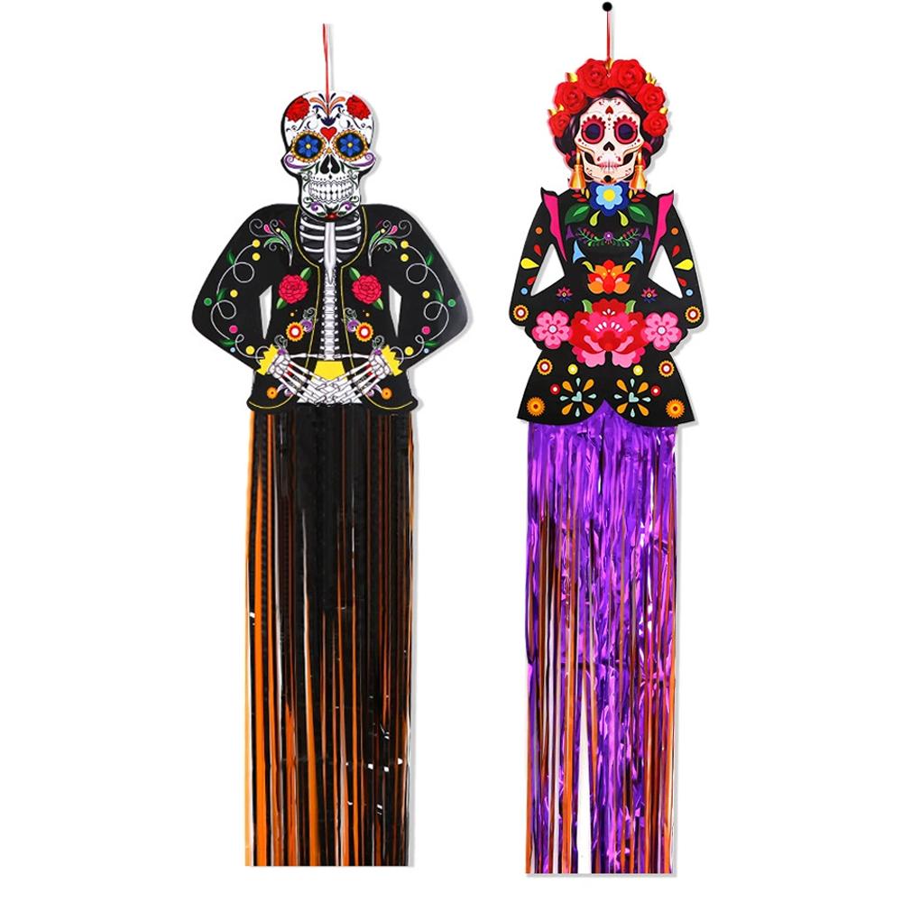 

Day of the Dead Skeleton Man Tassel Pendant Halloween Decor Door Hanging Painted Skull for Home Courtyard Patio Hanging Flag