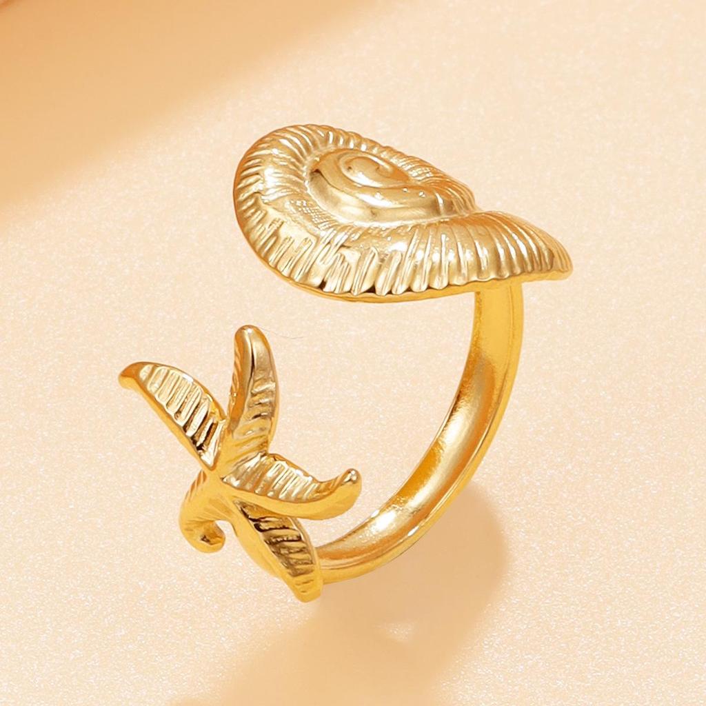 Stylish Ocean Animal Ring: Starfish & Seashell Design, Stainless Steel, Adjustable Open Band