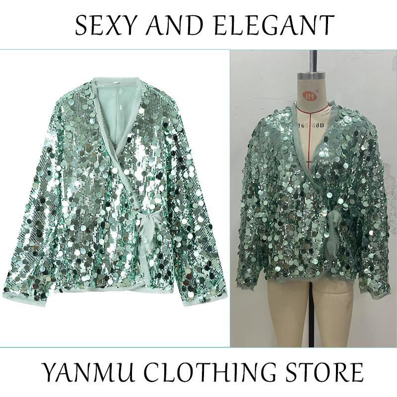 Elegant Polyester Long Sleeve V Neck Blouse With Sequins For Office Women